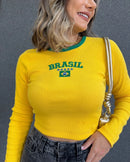 Cropped Manga Longa Brasil Amarelo
