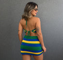 Conjunto Crochê Brasil Top + Saia Feminina Moda Verão Copa