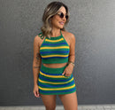 Conjunto Crochê Brasil Top + Saia Feminina Moda Verão Copa